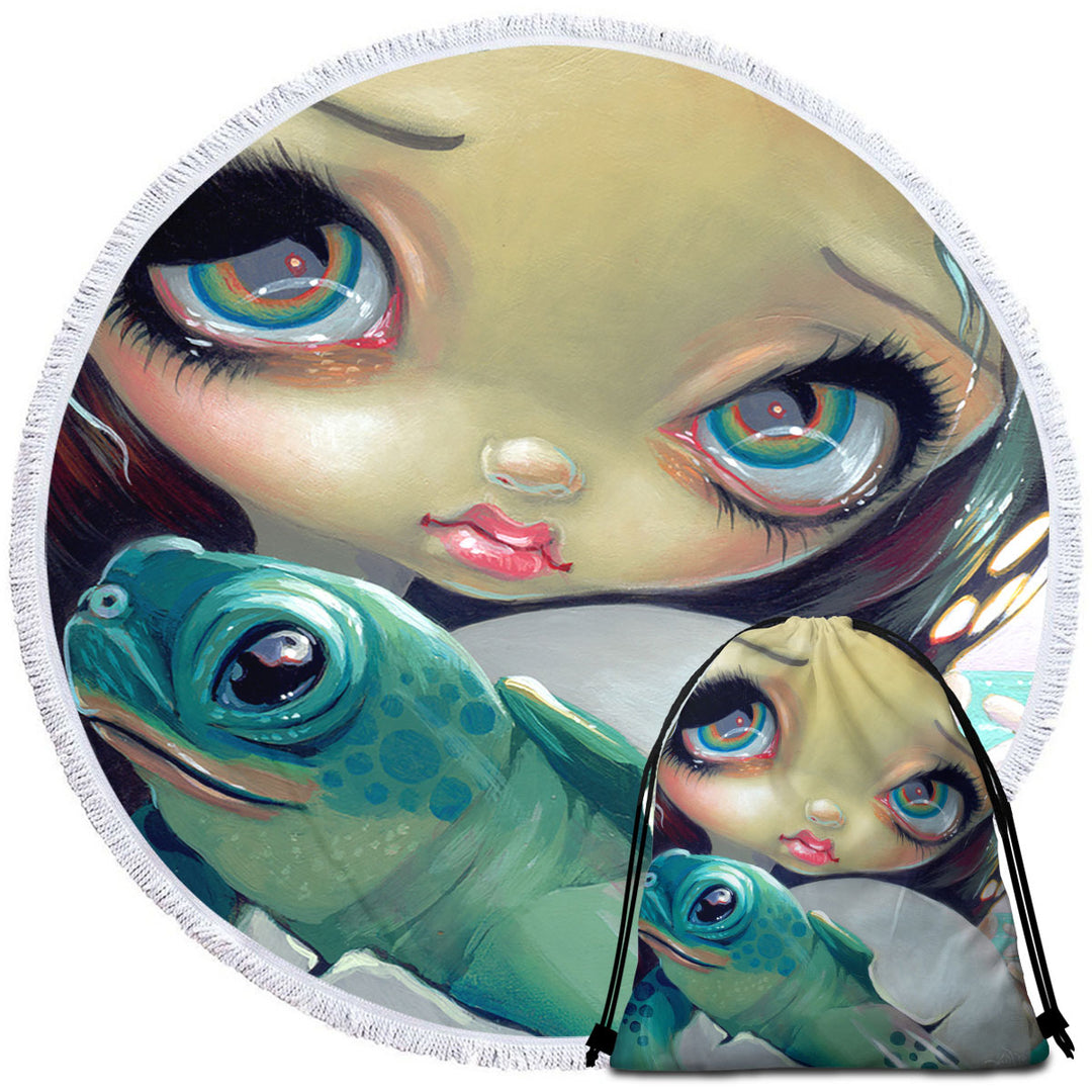 Baby Turtle Round Beach Towel Faces of Faery _164 Cute Girl with Baby Turtle