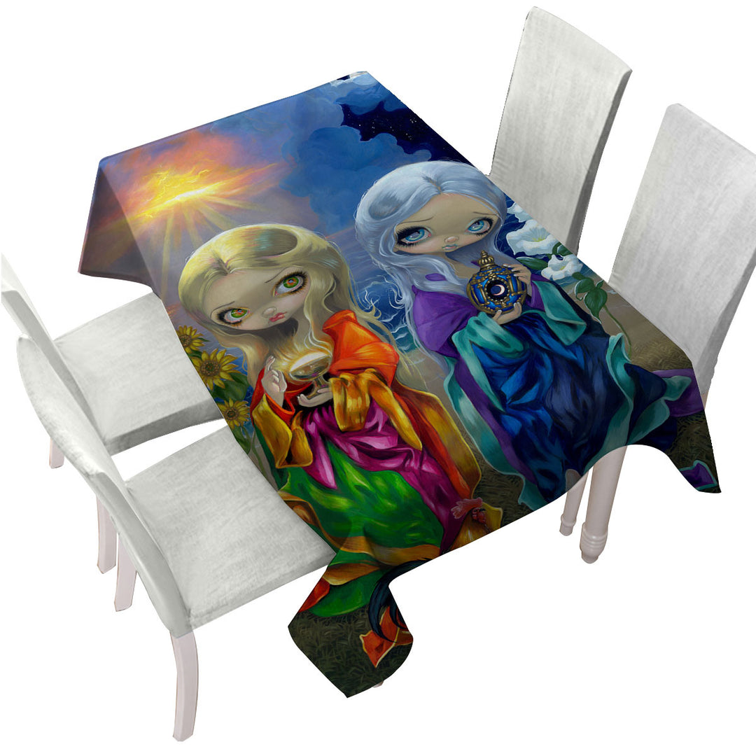 Beautiful Art Sun Child and Moon Child Day and Night Printed Tablecloth
