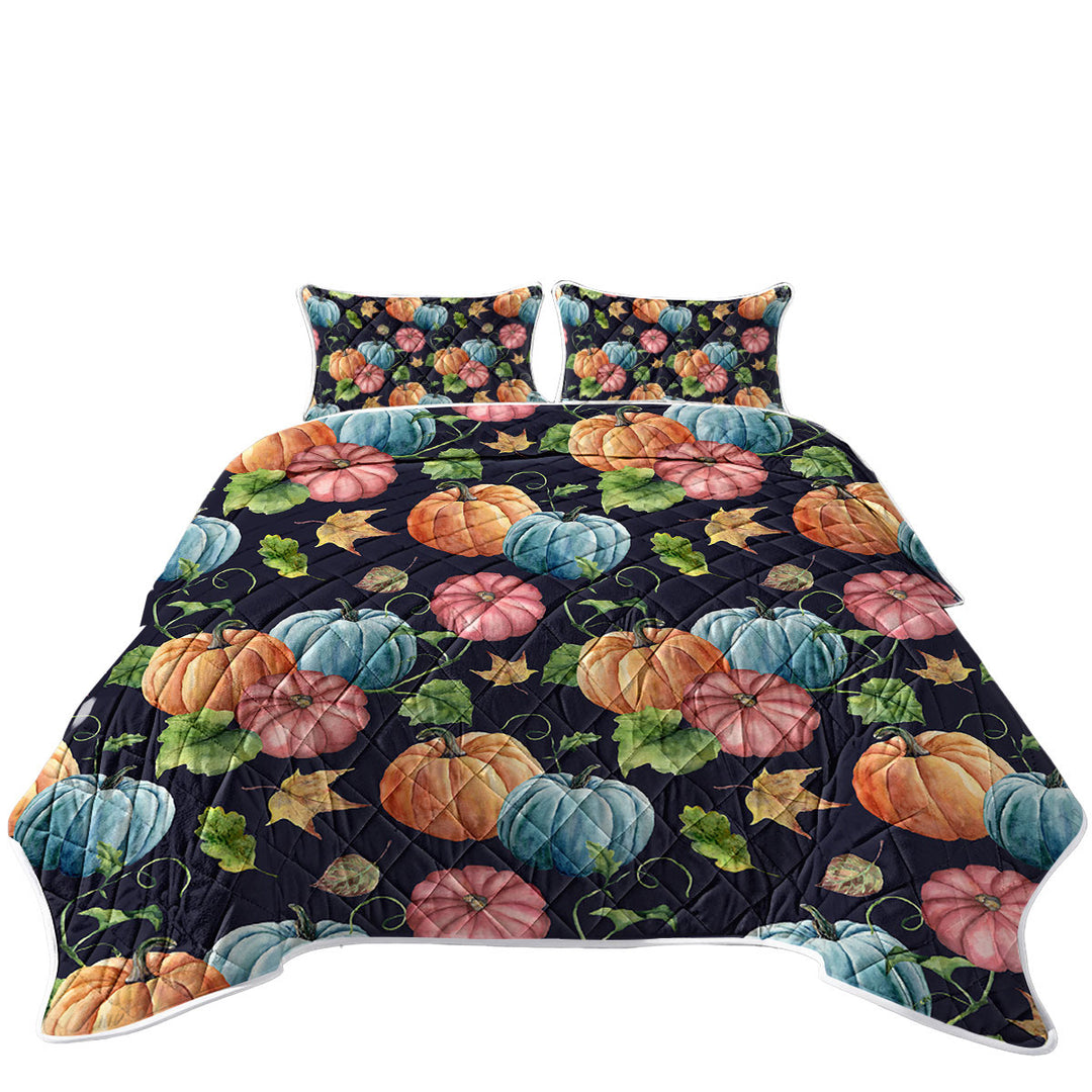Beautiful Autumn Art Multi Colored Pumpkins King Size Quilt Sets