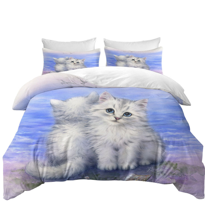Beautiful Cats Art First Date White Grey Kittens California King Duvet Cover
