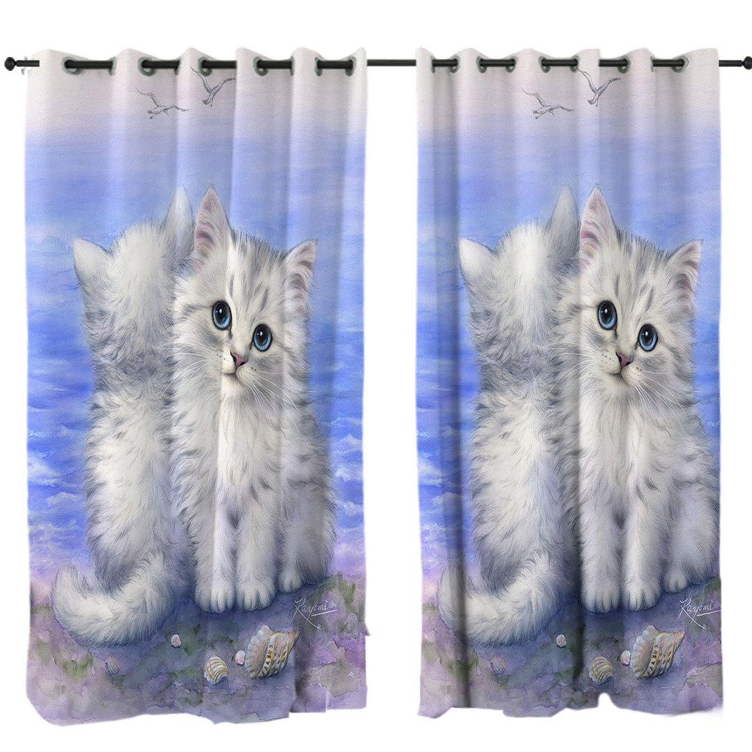 Beautiful Cats Art First Date White Grey Kittens Drapes