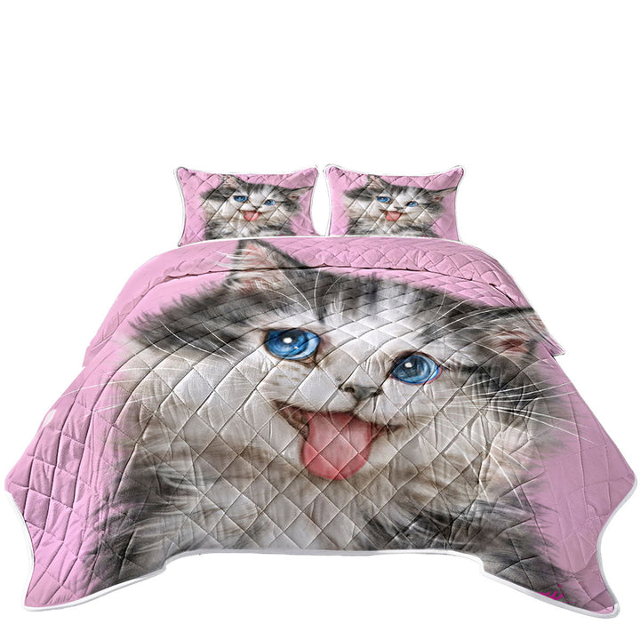 Beautiful Cats Blue Eyes Grey White Furry Kitten California King Quilt Sets