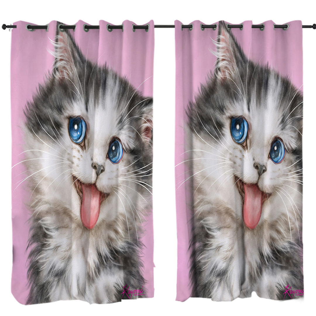 Beautiful Cats Blue Eyes Grey White Furry Kitten Curtain