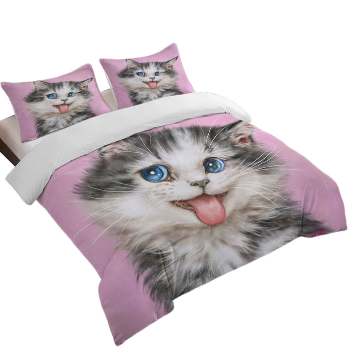 Beautiful Cats Blue Eyes Grey White Furry Kitten Duvet Cover