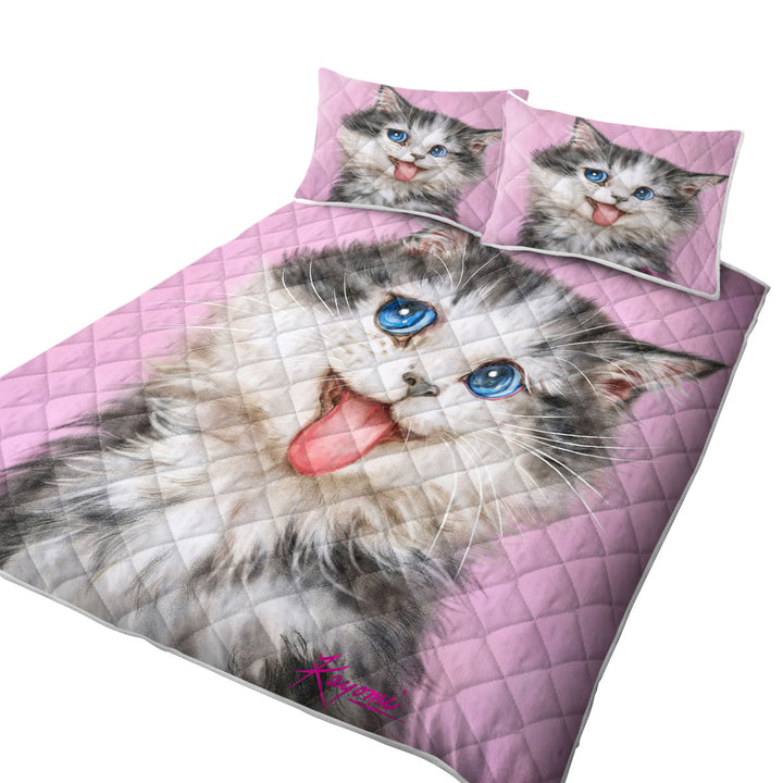 Beautiful Cats Blue Eyes Grey White Furry Kitten King Size Quilt Sets