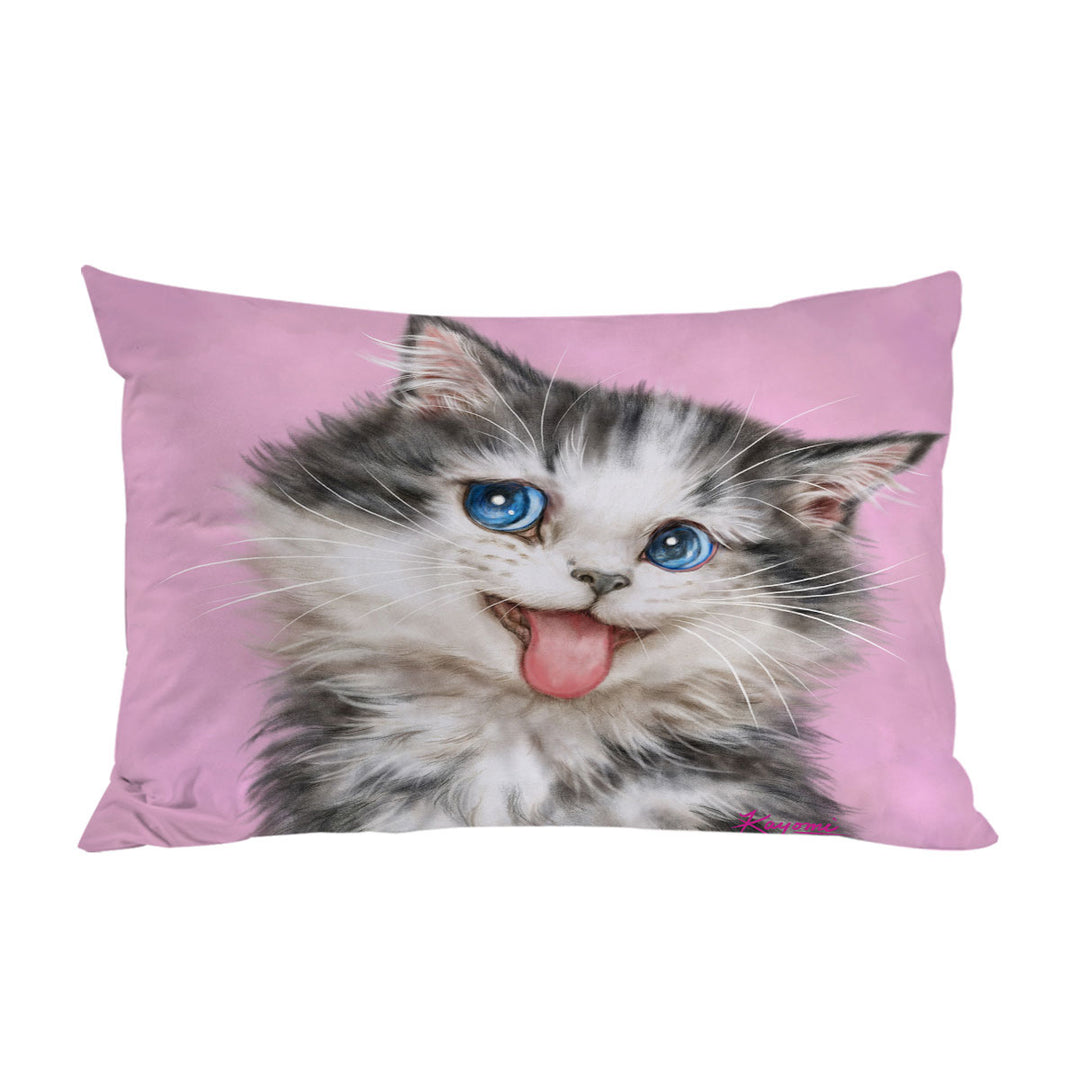 Beautiful Cats Blue Eyes Grey White Furry Kitten Pillow Case Covers