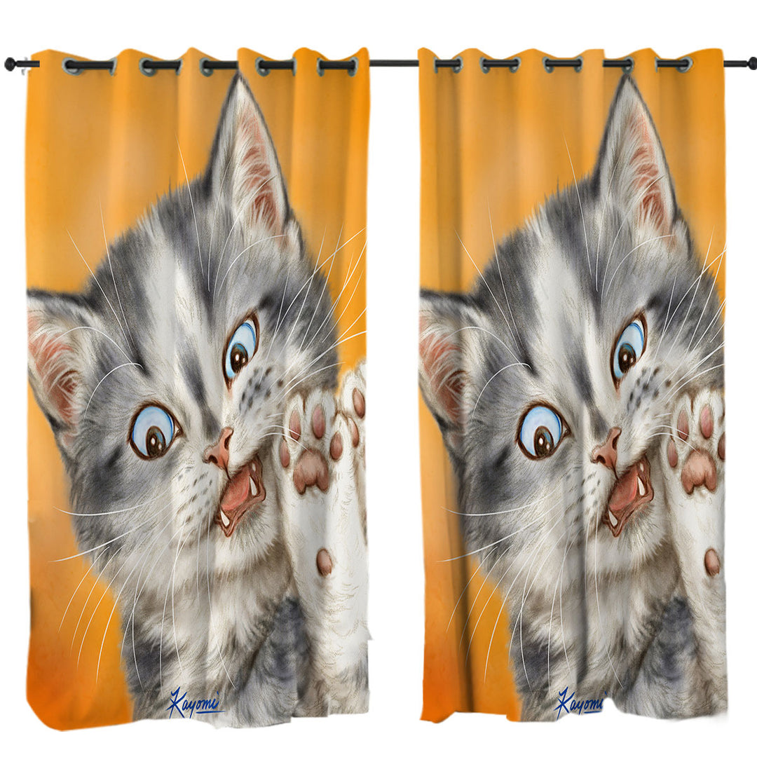 Beautiful Cats Drawings Grey Kitten over Orange Drapery