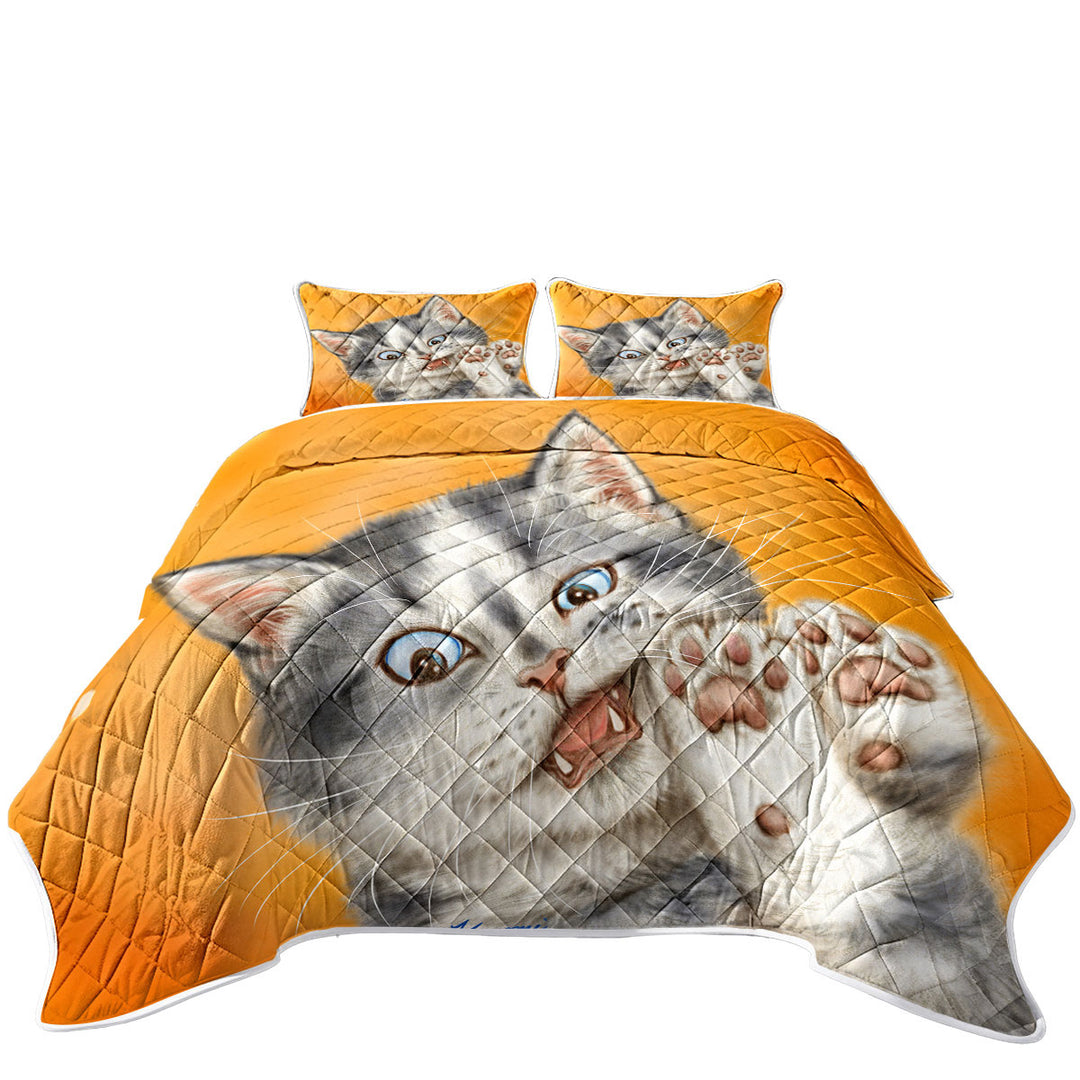 Beautiful Cats Drawings Grey Kitten over Orange Quilts