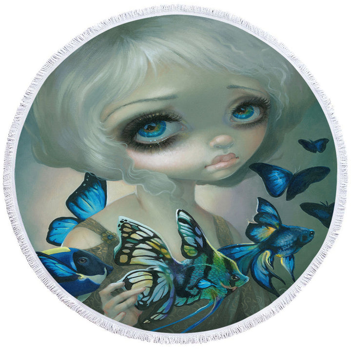 Beautiful Girl Round Beach Towel and the Blue Fish Butterflies