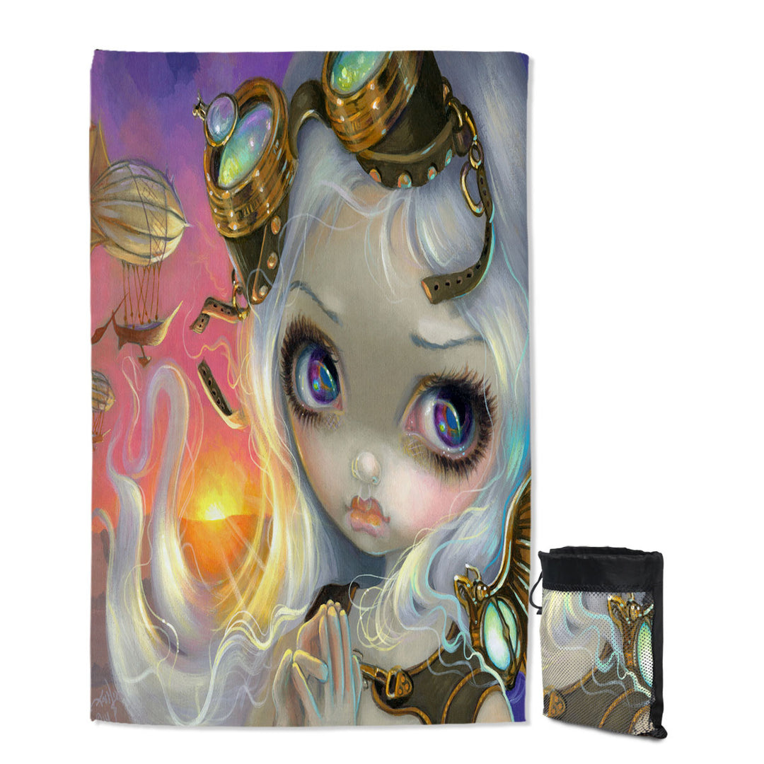 Beautiful Girl Travel Beach Towel Windswept Lovely Steampunk Girl At Sunset