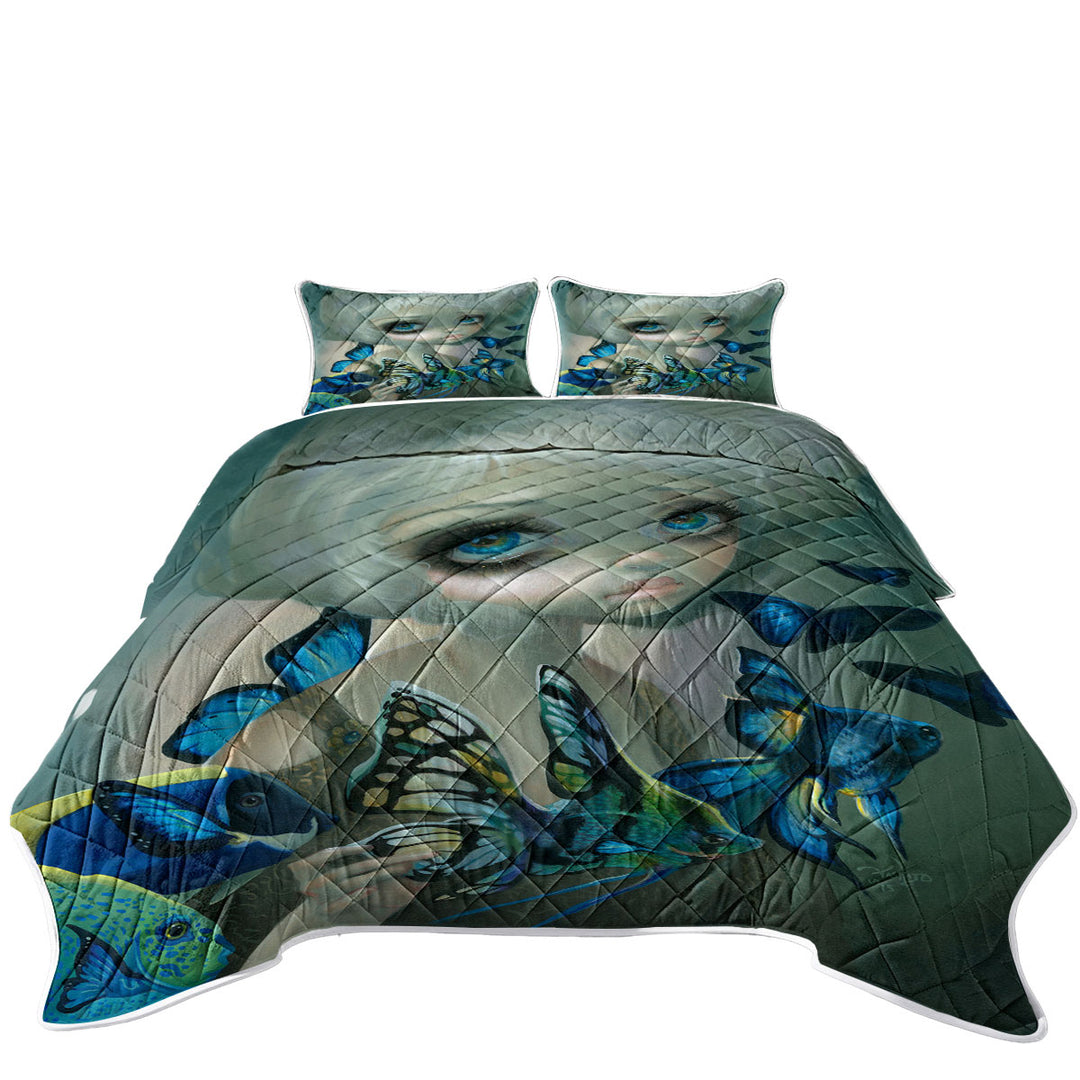 Beautiful Girl and the Blue Fish Butterflies California King Quilt Sets