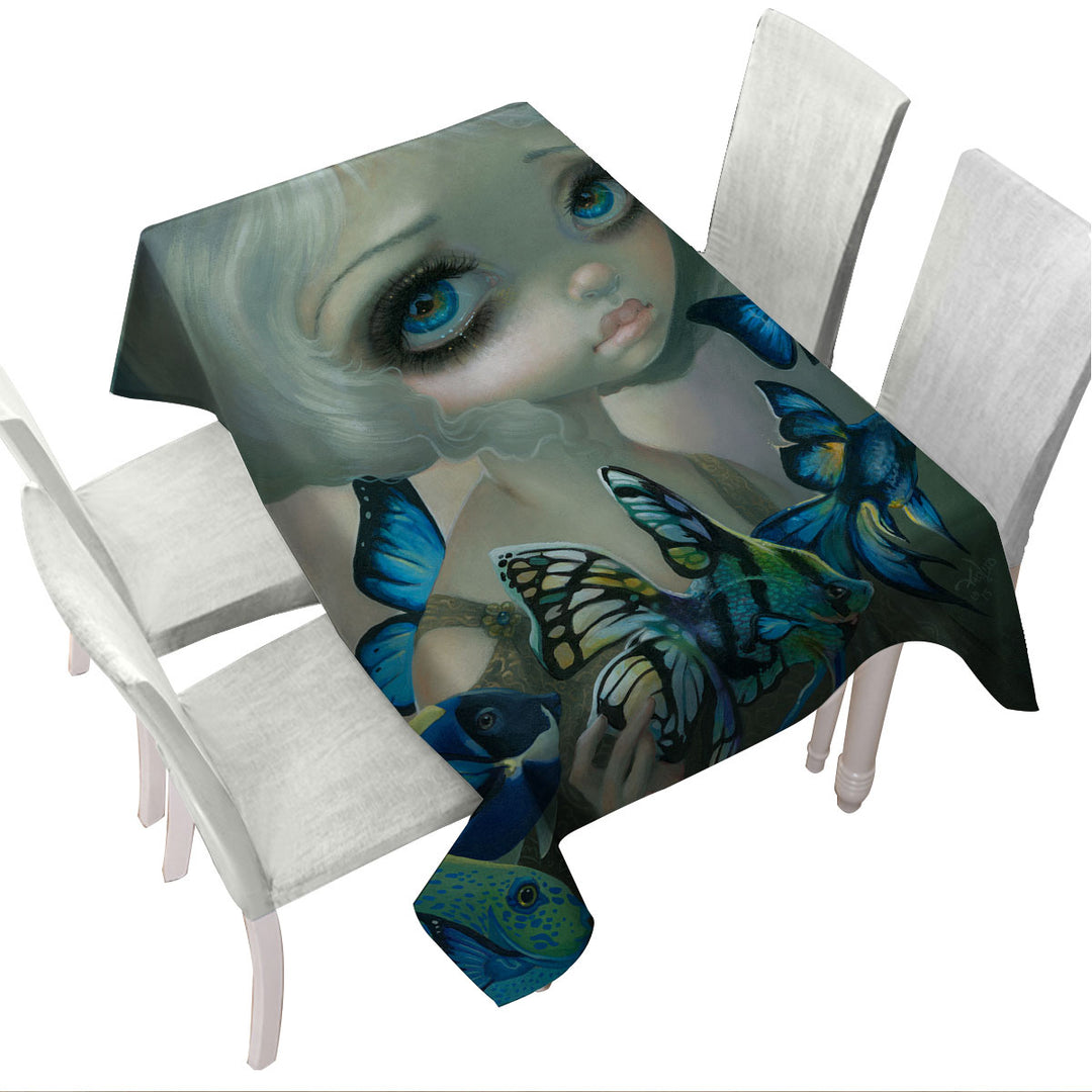 Beautiful Girl and the Blue Fish Butterflies Tablecloth