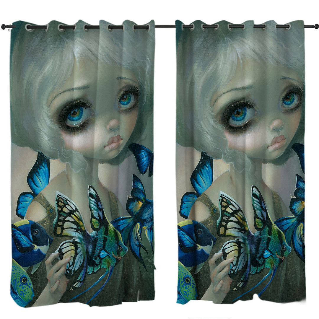 Beautiful Girl and the Blue Fish Butterflies Window Curtains