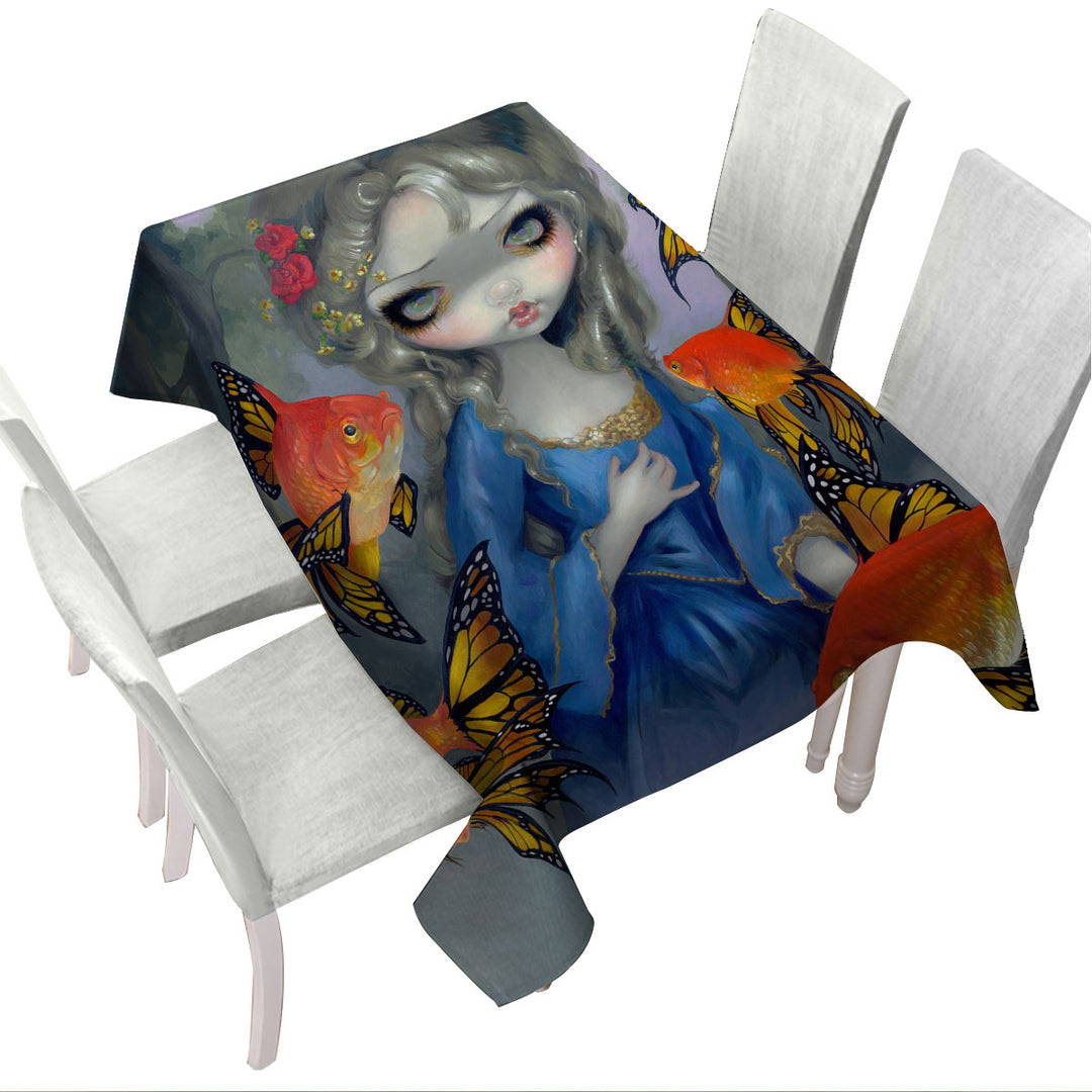 Beautiful Girl and the Goldfish Butterflies Table Cover