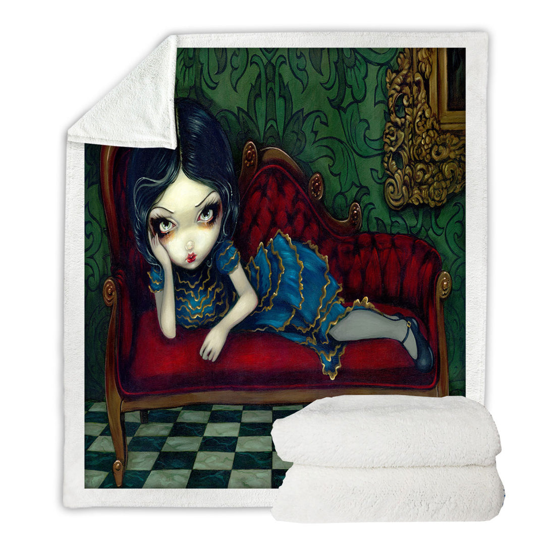 Beautiful Gothic Girl Reclining on the Scarlet Sofa Fleece Blankets