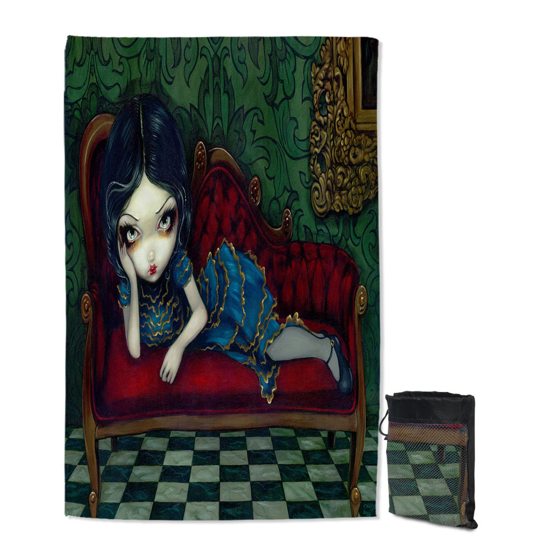 Beautiful Gothic Girl Reclining on the Scarlet Sofa Quick Dry Beach Towel