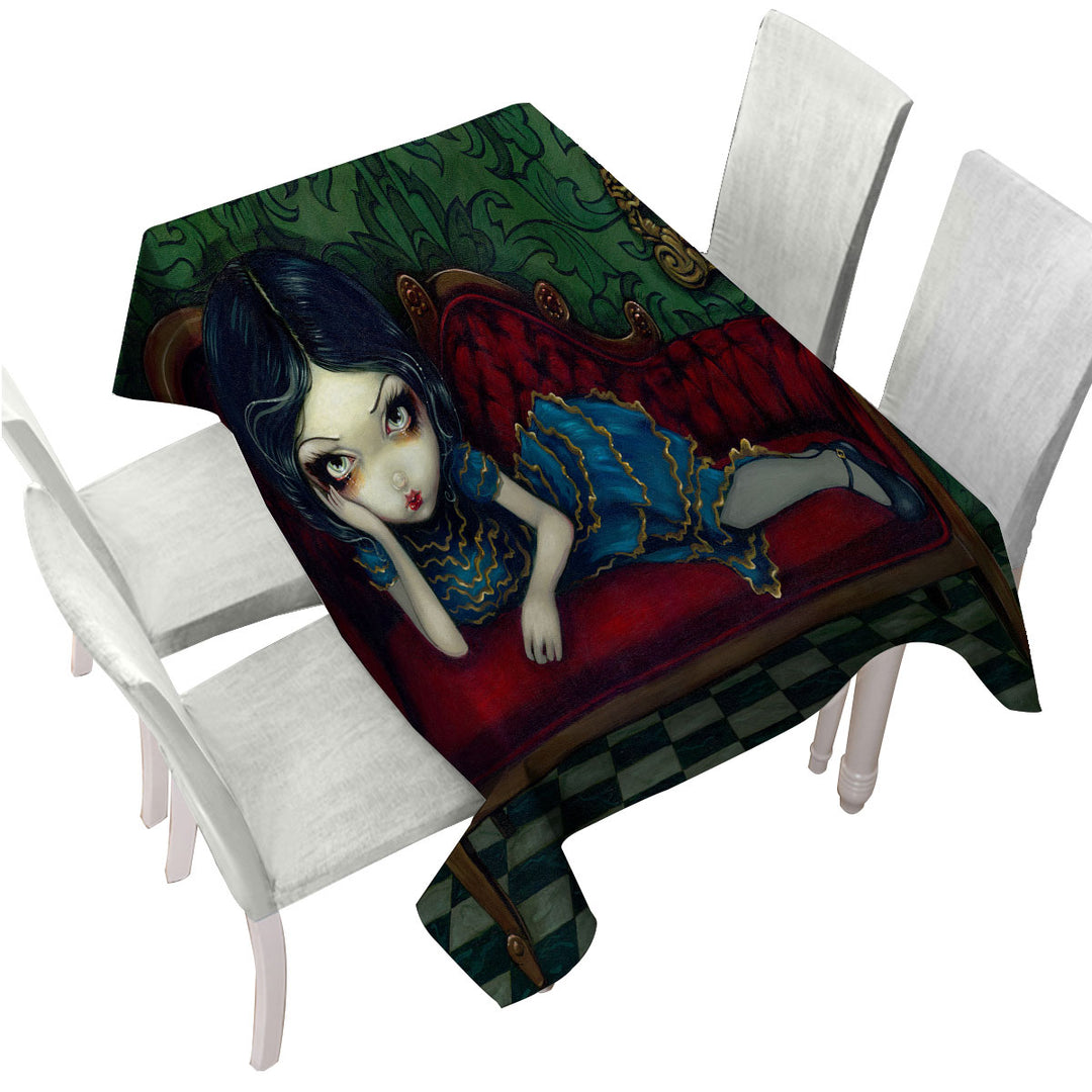 Beautiful Gothic Girl Reclining on the Scarlet Sofa Table Cover