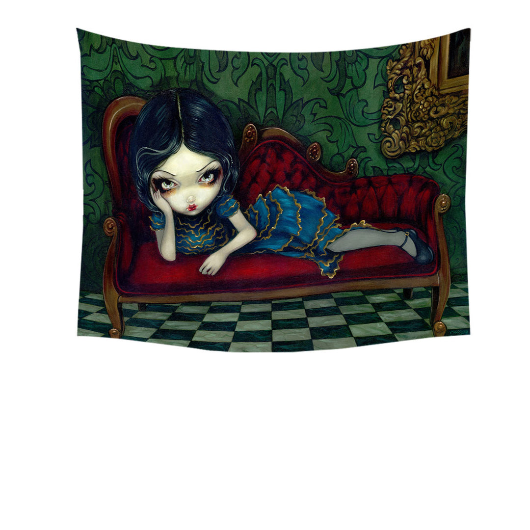 Beautiful Gothic Girl Reclining on the Scarlet Sofa Tapestry