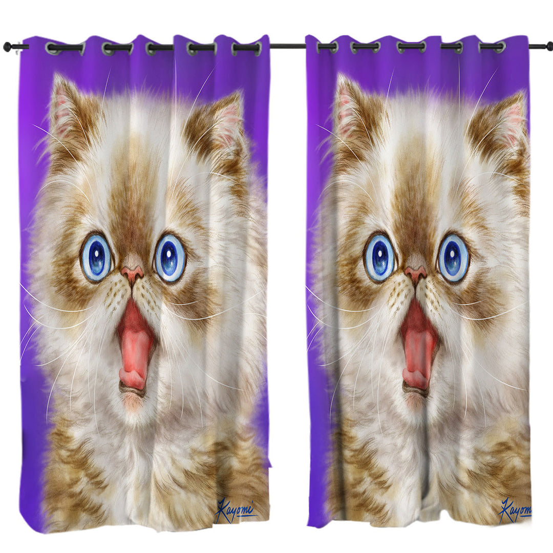 Beautiful Kitten in Shock over Purple Curtain