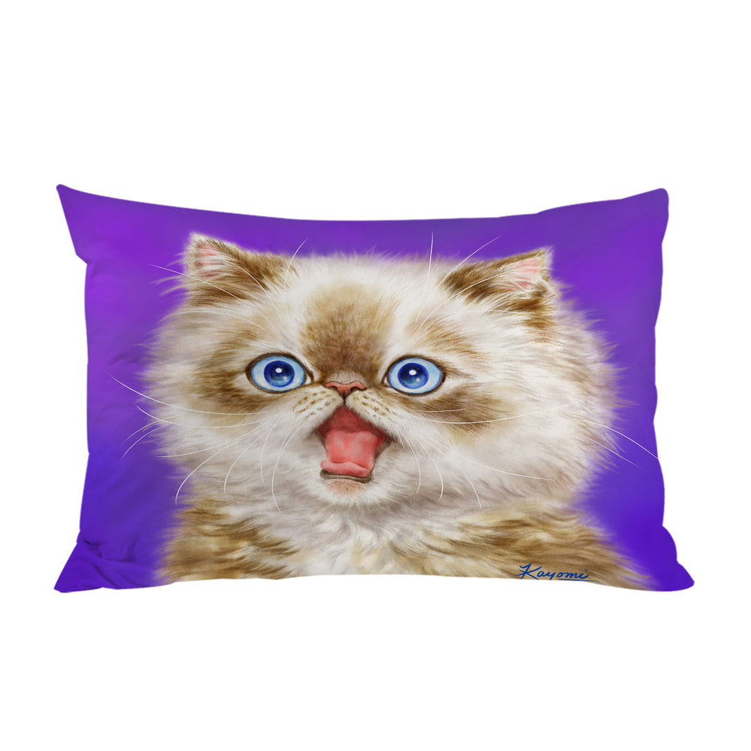 Beautiful Kitten in Shock over Purple Pillow Case Covers