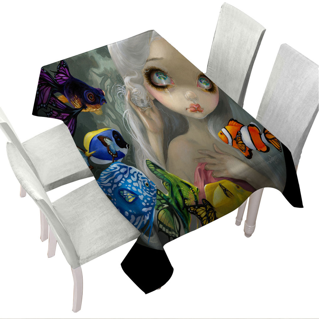 Beautiful Maiden and Rainbow Spectrum of Color Fish Tablecloth