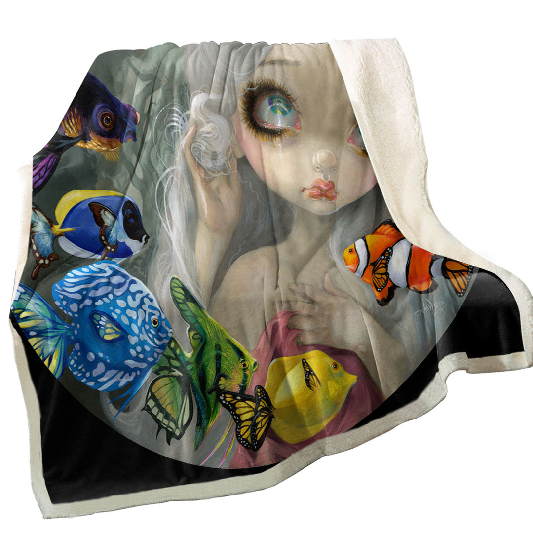 Beautiful Maiden and Rainbow Spectrum of Color Fish Throw Blanket