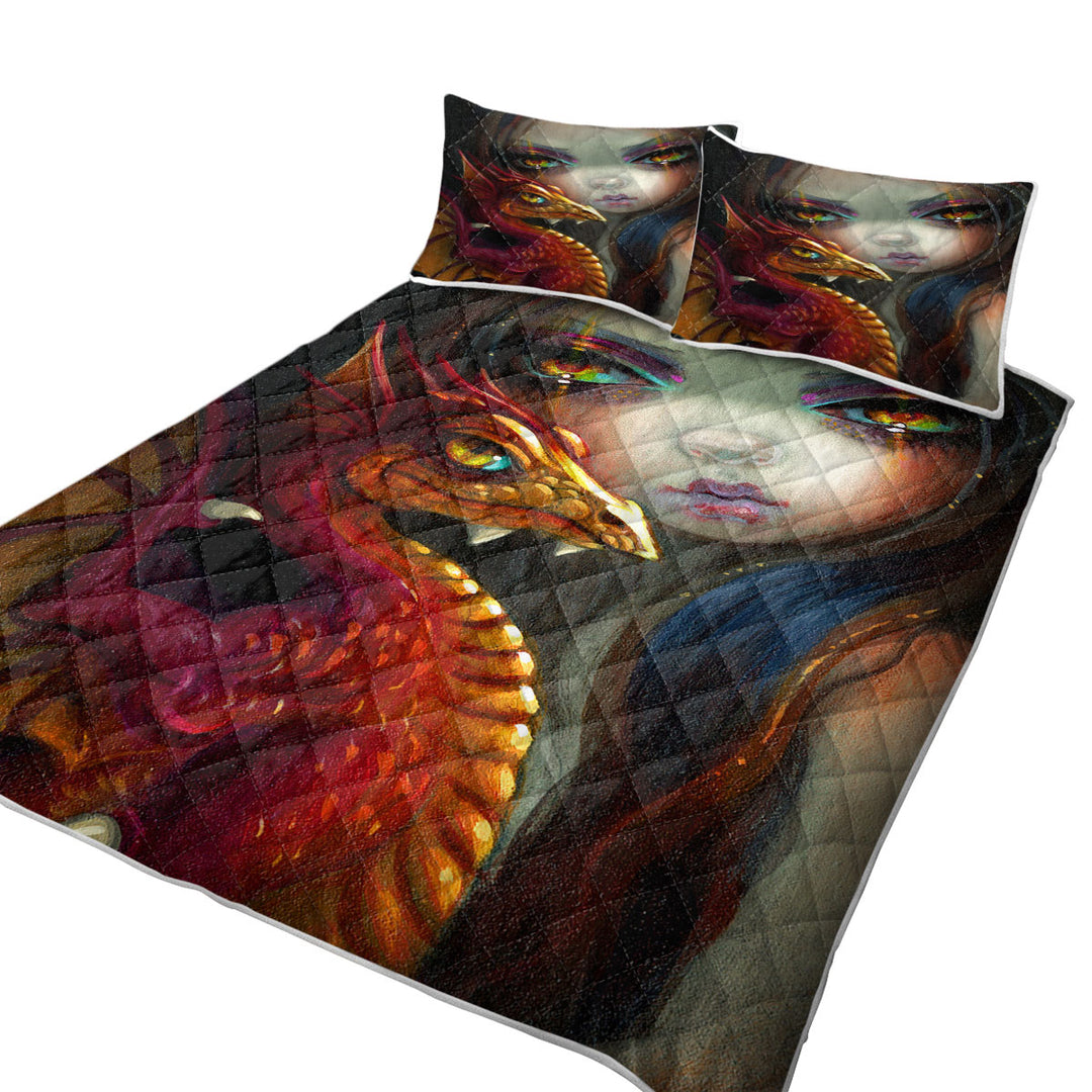 Beautiful Maiden with Her Golden Eyed Dragonling Coverlet