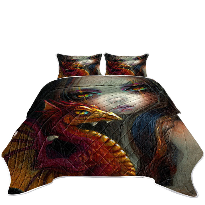 Beautiful Maiden with Her Golden Eyed Dragonling Quilts