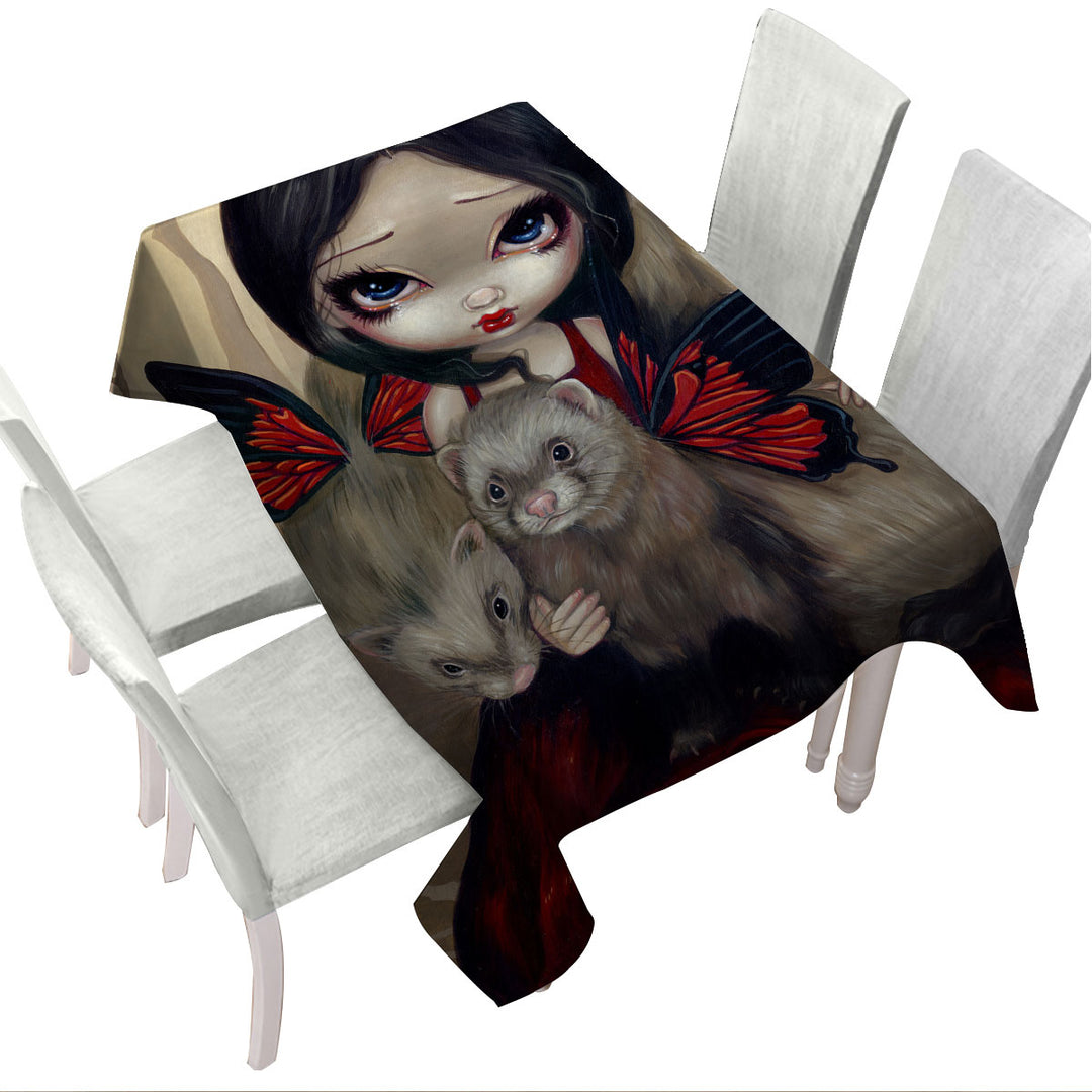 Beautiful Maiden with Red Butterfly Ferrets Tablecloth