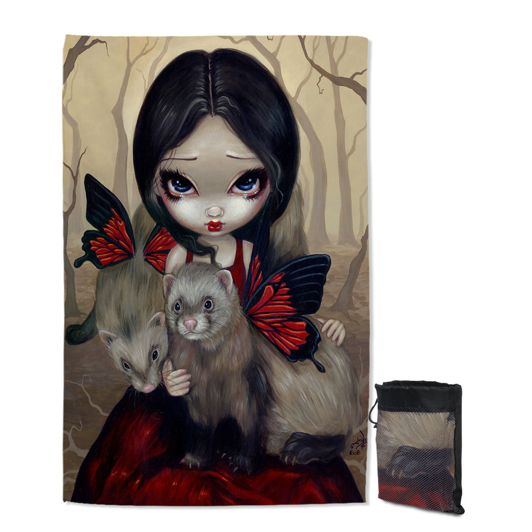 Beautiful Maiden with Red Butterfly Ferrets Travel Beach Towel