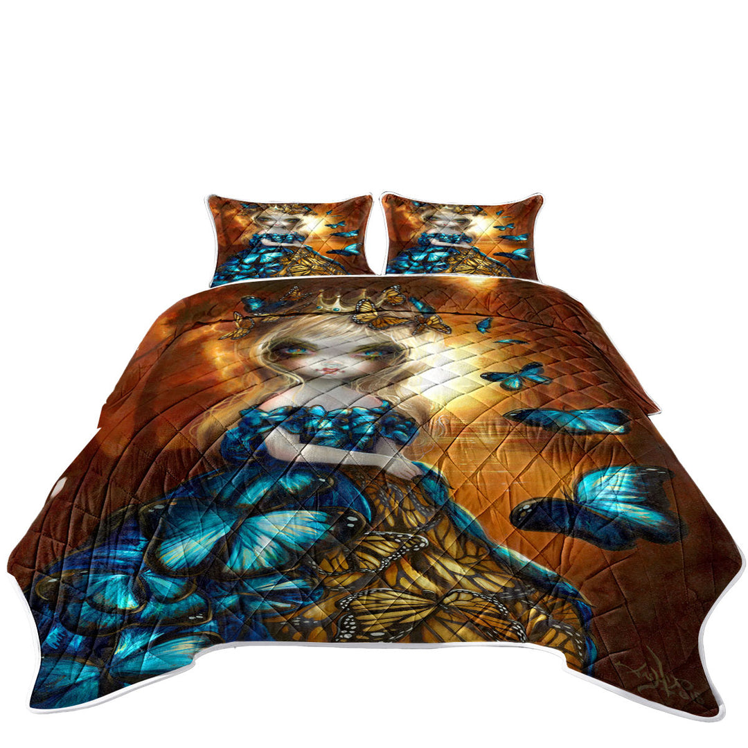 Beautiful Monarch and Blue Morpho Butterflies Queen Quilt