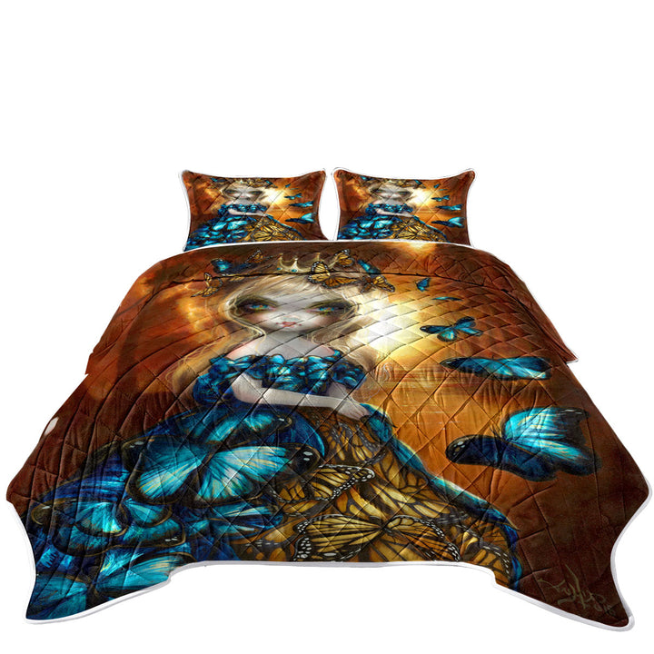 Beautiful Monarch and Blue Morpho Butterflies Queen Quilt