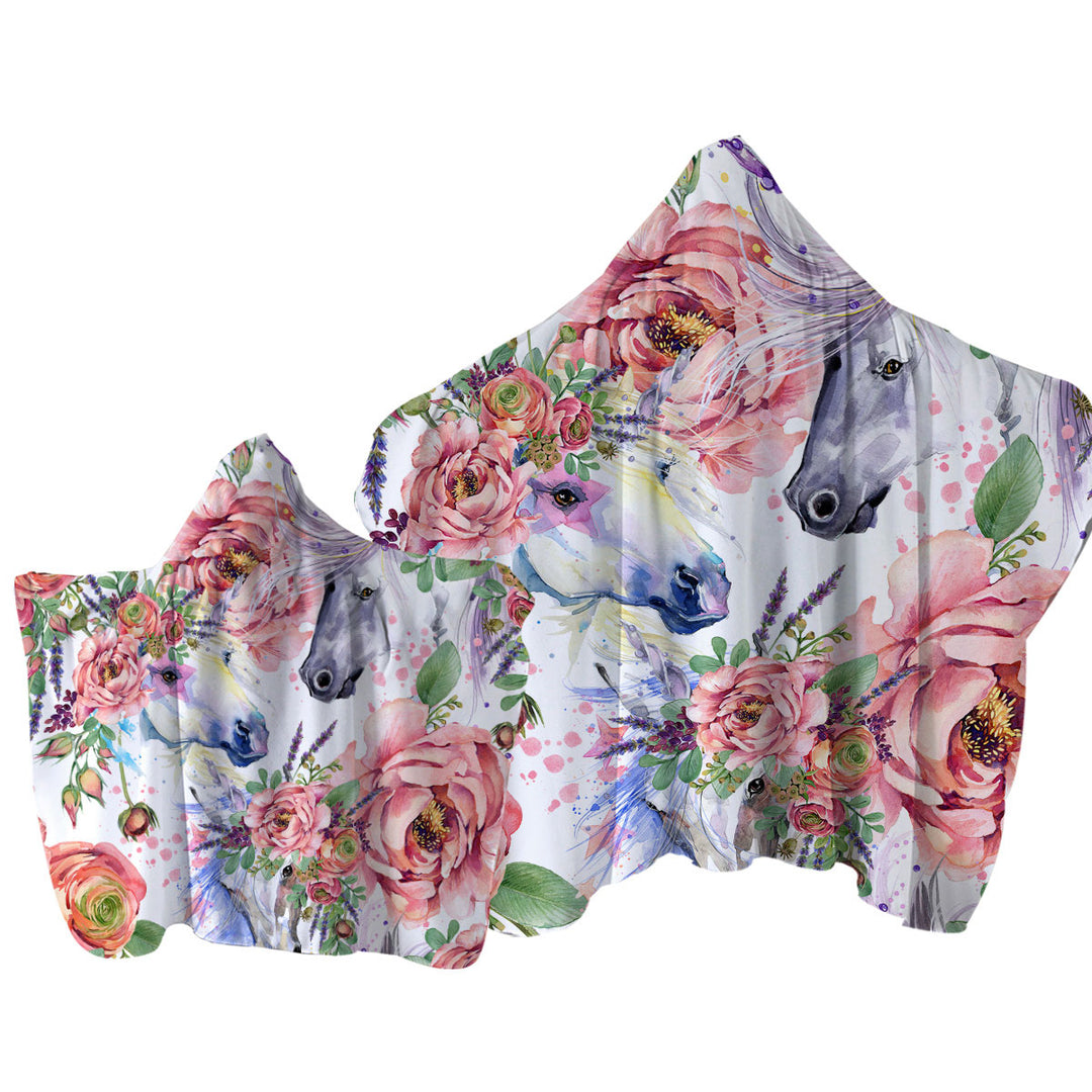 Beautiful Painting of Flowers and Horses Hooded Beach Towel