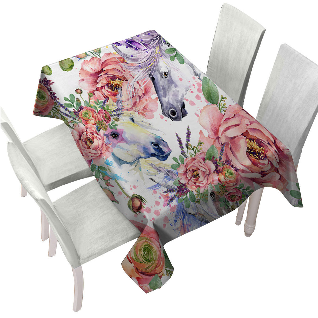 Beautiful Painting of Flowers and Horses Tablecloth