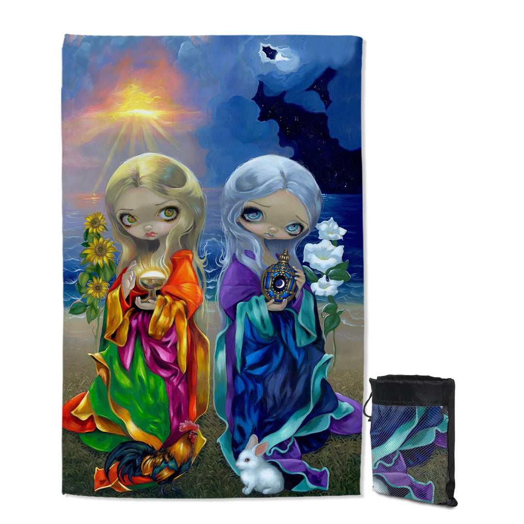 Beautiful Quick Dry Beach Towel Features Art Sun Child and Moon Child Day Night