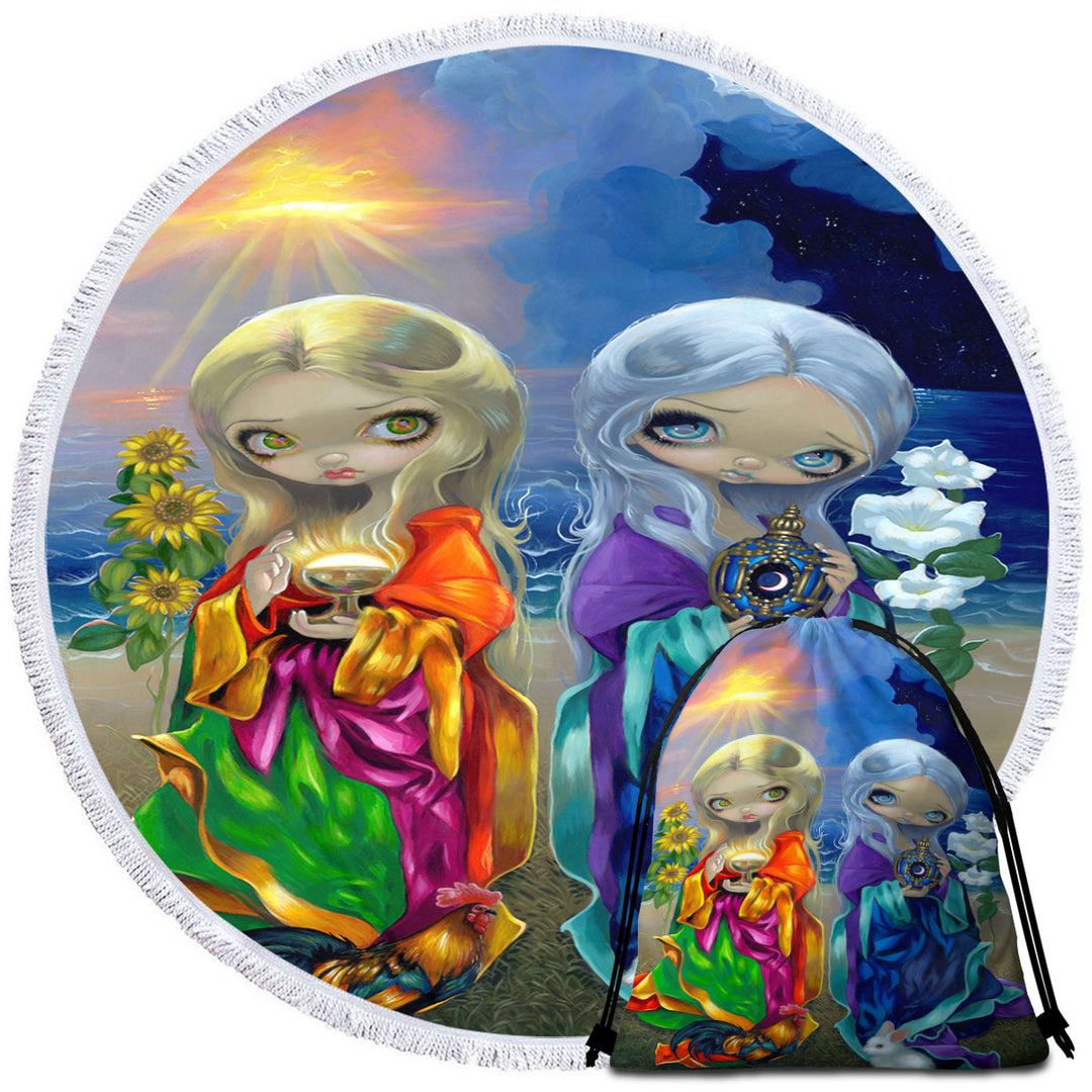 Beautiful Round Beach Towel Features Art Sun Child and Moon Child Day and Night