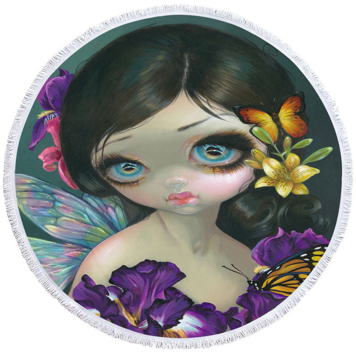 Beautiful Unique Beach Towels Girl Fairy with Iris Enchantment Flowers