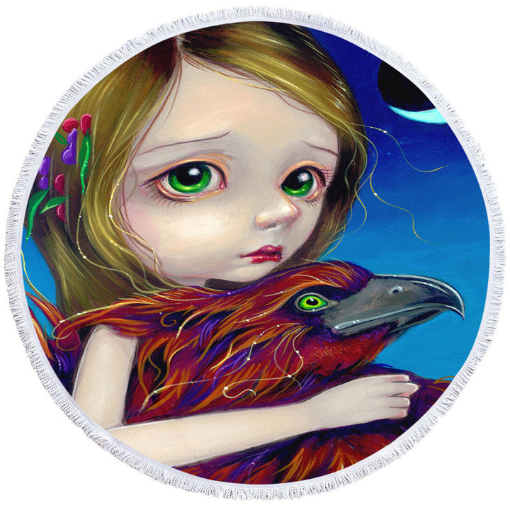 Beautiful Young Big Eyed Maiden and Phoenix Round Beach Towel