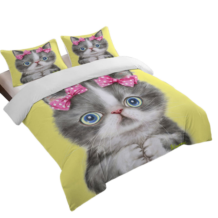 Bed Covers with Adorable Grey White Girl Kitten