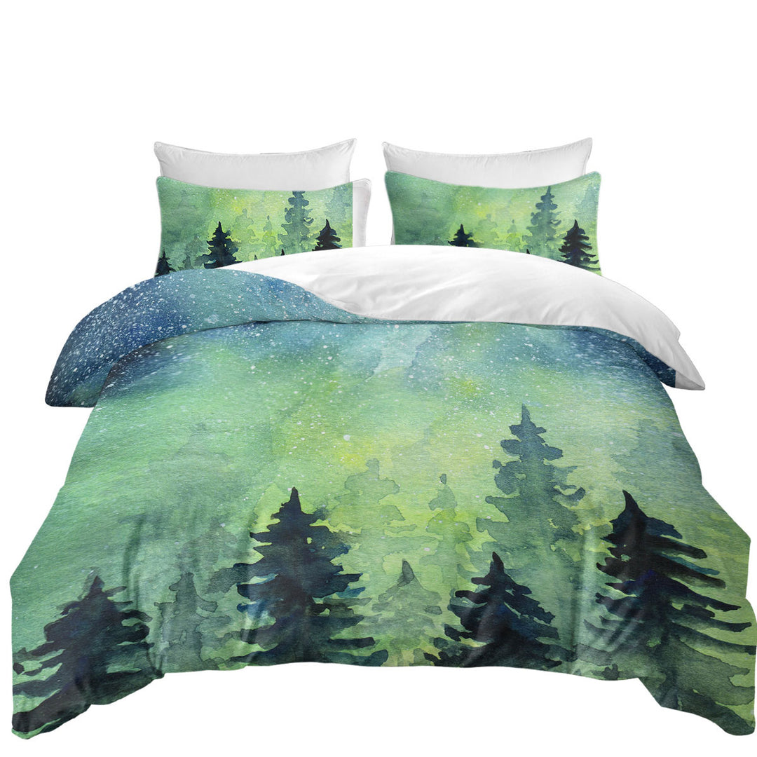 Bed Covers with Art Painting of Green Night Pine Forest