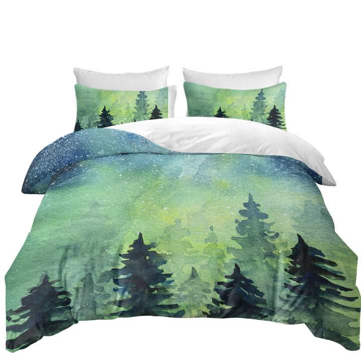 Bed Covers with Art Painting of Green Night Pine Forest