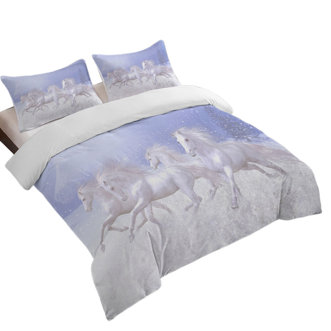Bed Covers with Beautiful Running White Horses the Snow Horses