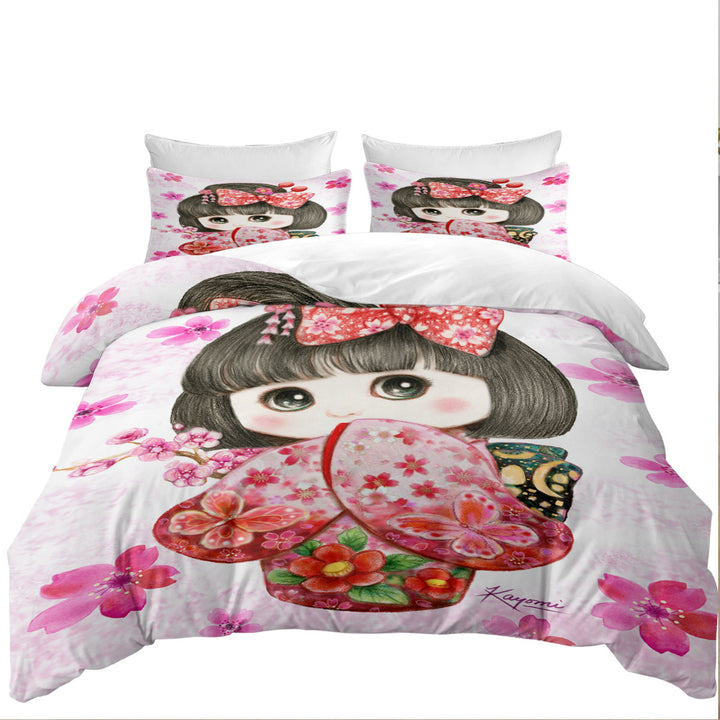 Bed Covers with Cute Japanese Kimono Cherry Flowers Girl