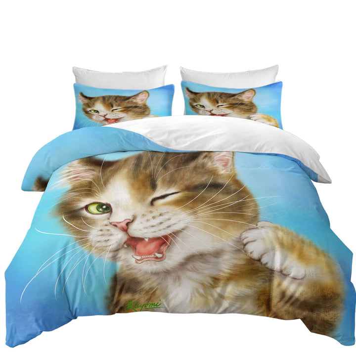 Bed Covers with Funny Cats Winking Little Kitty