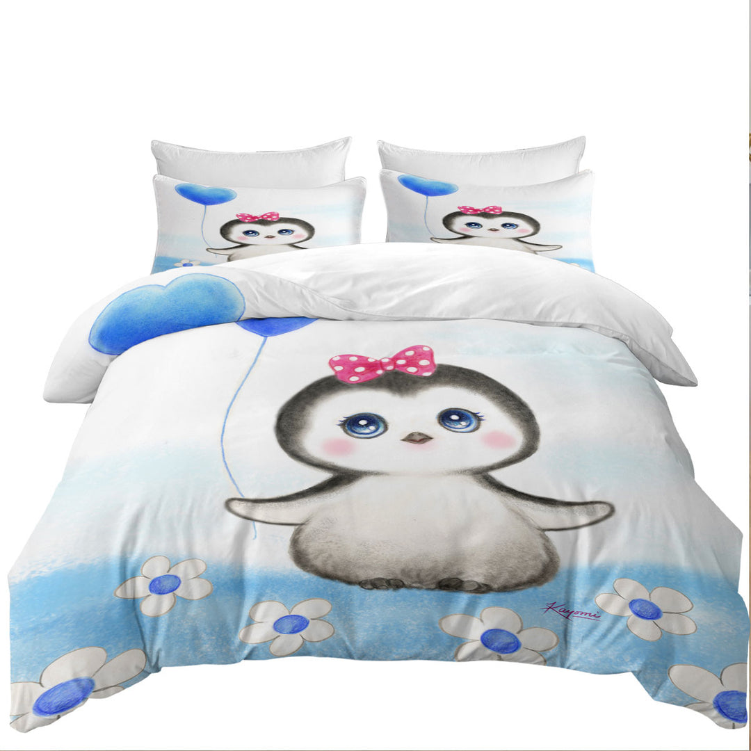 Bed Covers with Kids Drawing Design Penguin Heart Balloon