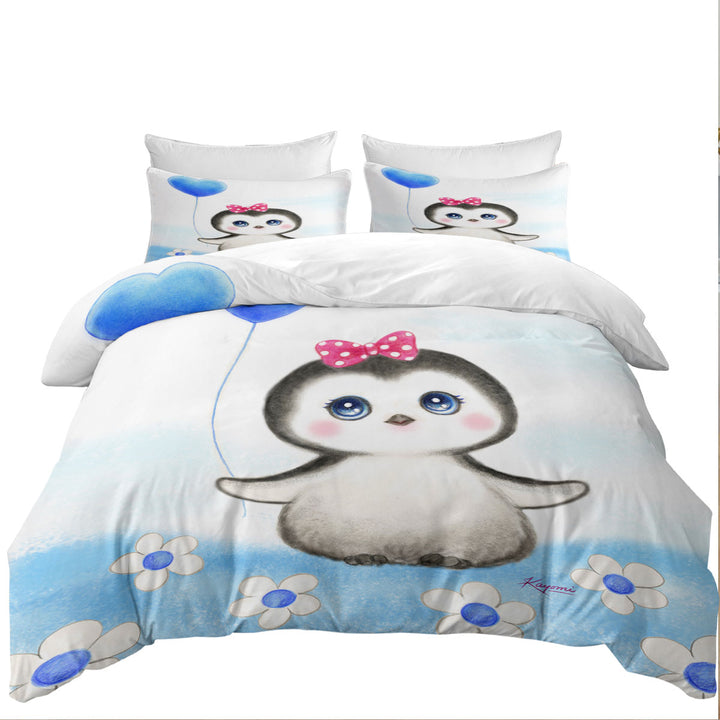 Bed Covers with Kids Drawing Design Penguin Heart Balloon