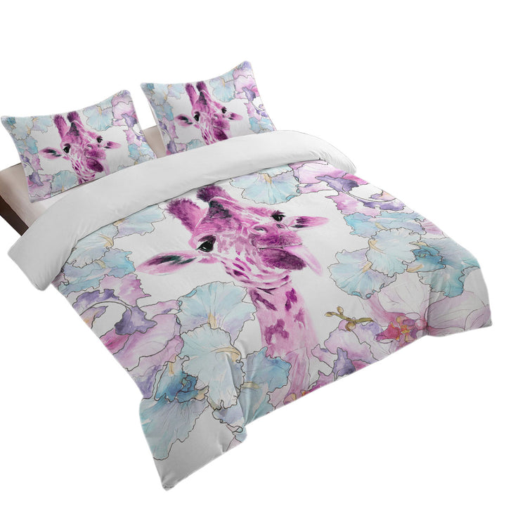 Bed Covers with Purplish Art Painting Giraffe