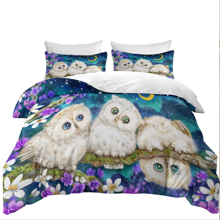 Bed Covers with Wild Birds Art Cute Night Flowers and Owls