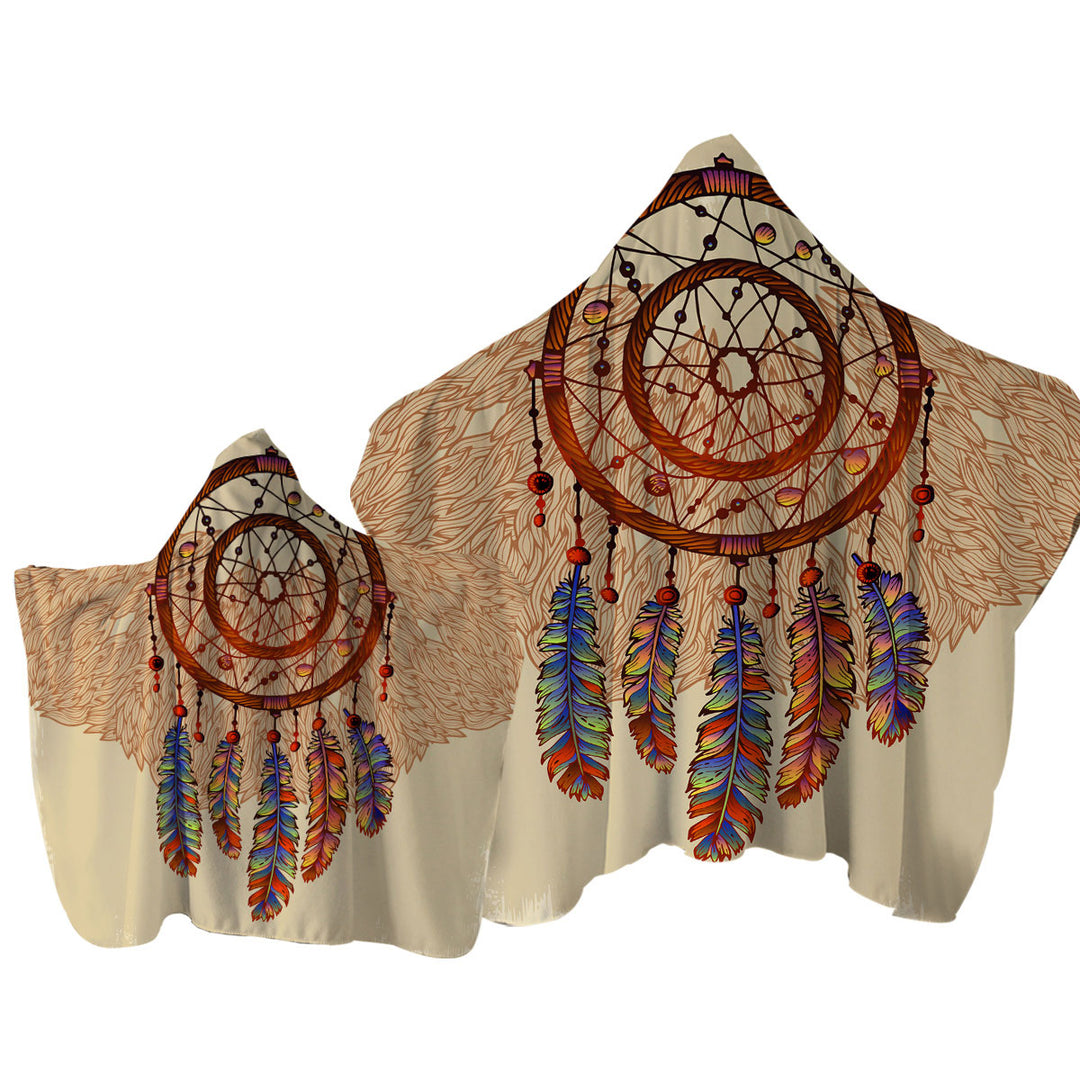 Beige Native American Dream Catcher Hooded Beach Towel