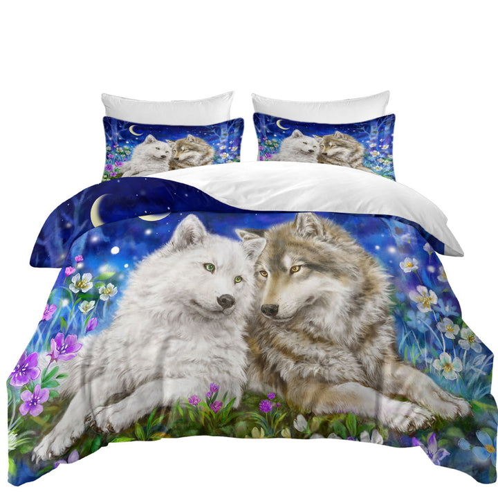 Best Duvet Covers with Wolves Art Design Flowers and Love at Night